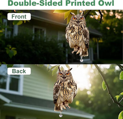 Hanging Plastic Owls for Gardens, 4PCS Reflective Hanging Owl Decoration Woodpecker Control Device with Reflective Tape, Jinging Bell for Garden Patio Windows