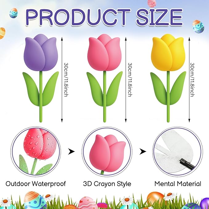 DoubleFill 3 Pcs Easter Decorations Outdoor 3D Metal Easter Eggs Tulip Yard Signs Decorative Garden Stakes Eggs Bunny Lawn Decorations Yard Decor for Spring Lawn Pathway Garden(Tulip Style)