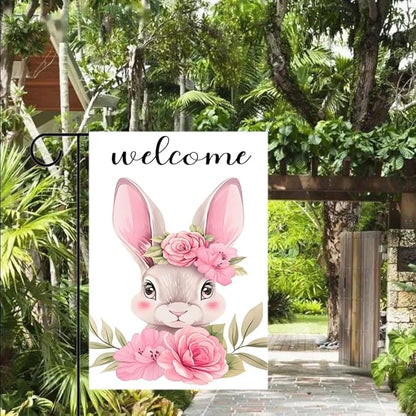 Gkyygk Garden Flag Welcome Cute Pink Rabbit Flowers Double Sided 12x18 Inch Banners Yard House Outside Outdoor Summer Decoration
