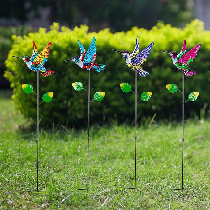 Decorative Garden Stakes,4 Pack Hummingbird Garden Decor for Outside,Metal Yard Art Spring Decor for Outdoor Porch Lawn Pathway