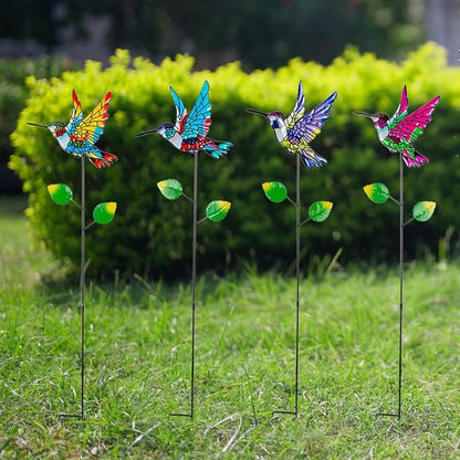 Decorative Garden Stakes,4 Pack Hummingbird Garden Decor for Outside,Metal Yard Art Spring Decor for Outdoor Porch Lawn Pathway