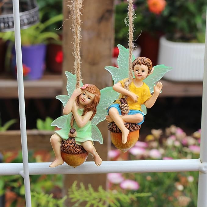 2PCS Hanging Fairies Garden Statue Decoration Boy & Girl Figurines Sitting on an Acorn with Luminous Wings Resin Micro Landscape Ornaments for Outdoor Farmhouse Patio Yard Tree Decor (D)