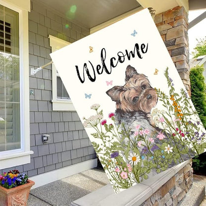 Floral Yorkie Garden Flag Spring Summer House Flags 28 x 40 Double Sided Flower Dog Yard Flags for Outside Large Outdoor Welcome Flags