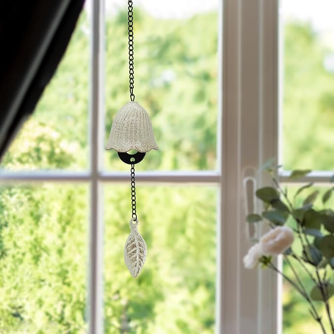 MrMrKura Japanese Leaf Wind Chimes, Small Wind Bell Pendent for Outside Hanging Cast Iron Wind Chime Ornament for Bless Garden Backyard Home Decor (White)