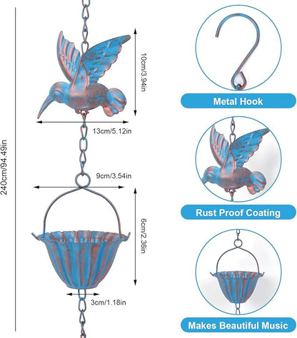 7.8FT Hummingbird Rain Chains for Outside with Bells, Adjustable Outdoor Bird Raincatcher, Garden Decor, Rust Resistant Rain Drain Chain, Wind Chimes