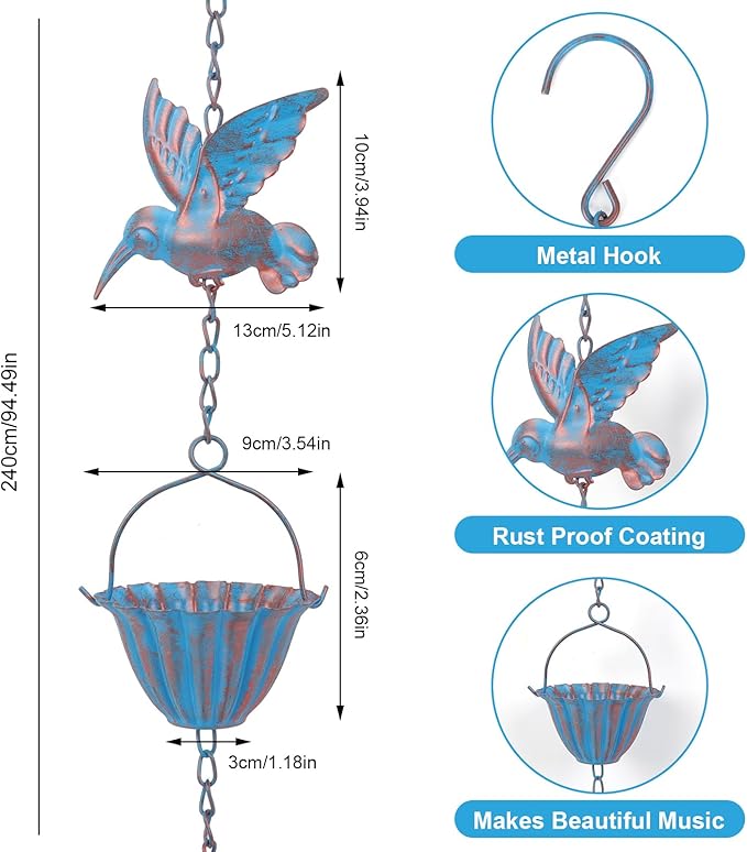 7.8FT Rain Chain, Hummingbird Rain Chains for Gutters, Rain Chains for Outside, Outdoor Yard Garden Decor