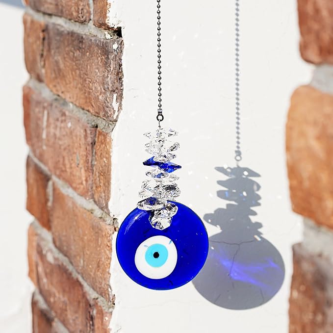 4.5inch Blue Glass Evil Eye Talisman with Crystal Beads - Good Luck Charm, Home, Office, Car Decoration, Blessing Ornament for Christmas Tree, Reflects Negative Energy