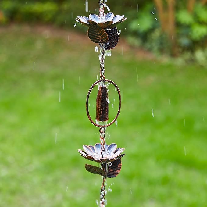 Glitzhome 8.5 FT Lotus Flower and Bell Rain Chains, Faux Copper Patina Finish Rain Chains for Gutters, Adjustable Rain Catcher Chain with V-Shaped Gutter