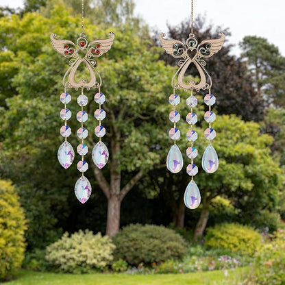 Angel Sun Catcher with Crystal, White and Silver, Metal and Crystal, 15 Inch, Hanging Wind Chime Ornament for Windows, Garden, Home Decor, Wedding, Christmas Tree (Red)