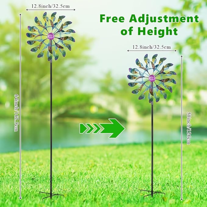 DREAMSOUL 64" Tall Peacock Feather Wind Spinners Outdoor 360° Rotation Metal Windmill for Yard Kinetic Wind Spinner