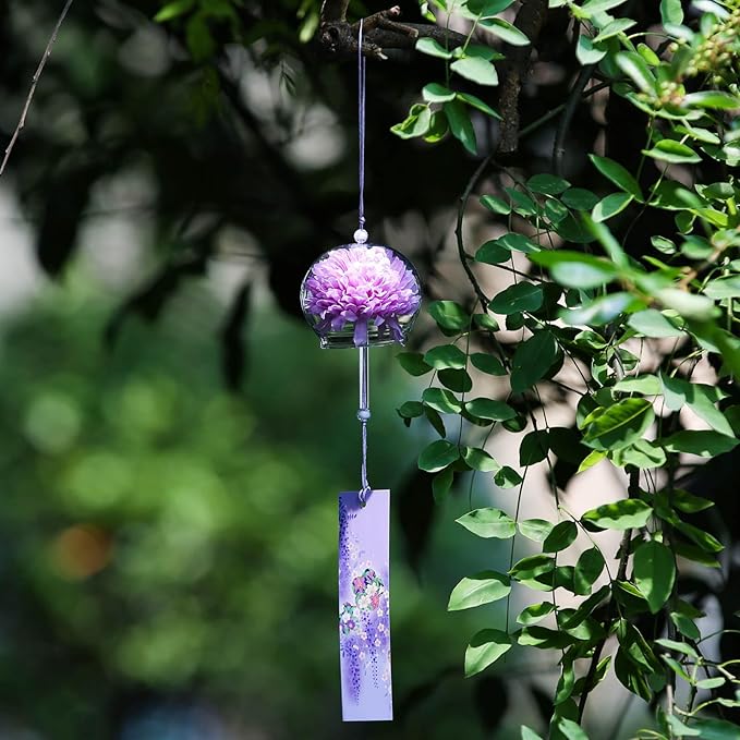 Japanese Wind Chime Glass Outdoor Ornament for Garden, Patio & Balcony, Hanging Wind-Bell Decoration Gift, Blessing Pendant Windchimes & PVC Wind-Catcher, Purple Flower