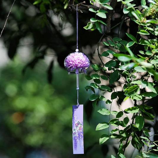 Japanese Wind Chime Glass Outdoor Ornament for Garden, Patio & Balcony, Hanging Wind-Bell Decoration Gift, Blessing Pendant Windchimes & PVC Wind-Catcher, Purple Flower
