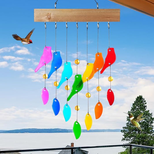 Glass Wind Chimes，Wind Chimes for Outside，Colorful Wind Chime 28" Garden Chimes for Home Patio, Housewarming Gifts for New House, Gift for Unisex (Bird)