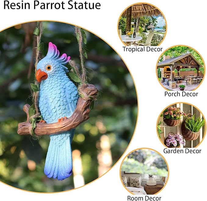Hanging Parrot Garden Decor Tiki Bar Decorations Tropical Outdoor Hanging Bird Statue for Tree Plant Patio Lawn Yard Porch Balconies Decor(Blue)
