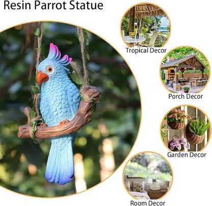 Hanging Parrot Garden Decor Tiki Bar Decorations Tropical Outdoor Hanging Bird Statue for Tree Plant Patio Lawn Yard Porch Balconies Decor(Blue)