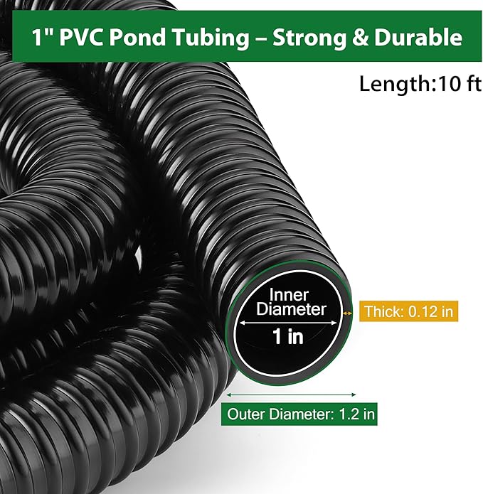 1 Inch Pond Tubing – 10ft Flexible PVC Corrugated Pond Hose with 2 Stainless Steel Hose Clamps, Kink-Proof Black Plastic Pump Tubing for Garden Ponds, Waterfalls, Filters & Drainage