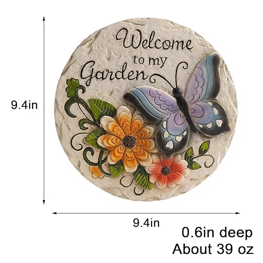 Garden Stepping Stones Outdoor Butterfly Step Stones for Walkway Gardening Gifts Welcome to My Garden Decorative Round Concrete Stones for Outside Yard Stone