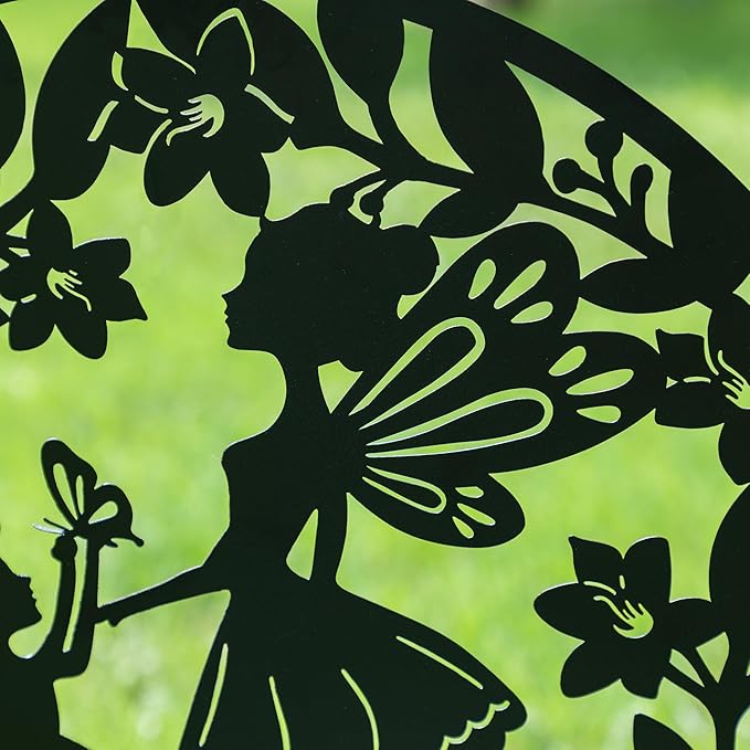 Glitzhome Flower Fairy Decorative Garden Stakes, 30" H Black Metal Silhouette with Welcome to My Garden Banner, Iron Garden Yard Art Decor for Lawn or Wall Decor