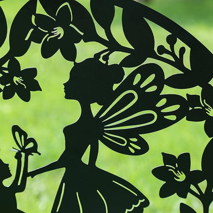 Glitzhome Flower Fairy Decorative Garden Stakes, 30" H Black Metal Silhouette with Welcome to My Garden Banner, Iron Garden Yard Art Decor for Lawn or Wall Decor