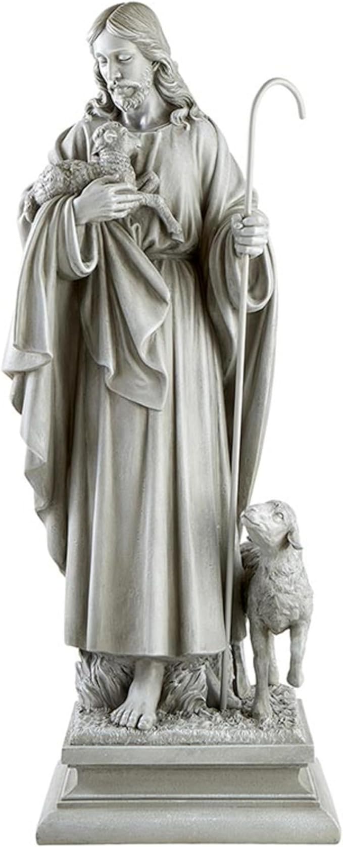 Avalon Gallery Garden Statue - Jesus The Good Shepherd Stone-Resin Indoor/Outdoor Catholic Sculpture, 28" Tall, Standing with Sheep