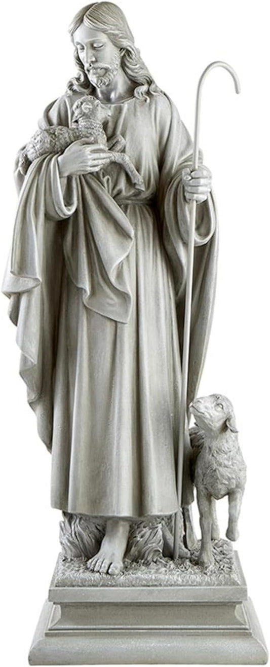 Avalon Gallery Garden Statue - Jesus The Good Shepherd Stone-Resin Indoor/Outdoor Catholic Sculpture, 28" Tall, Standing with Sheep
