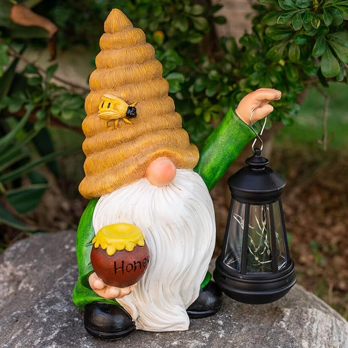 12.3'' Solar Garden Gnomes Outdoor Decor Honey Bee jar Gnome Statues with LED Lantern Spring Patio Lawn Yard Art Decoration Easter Birthday Christmas Gardening Gifts for Mom Dad, Bee Gnome