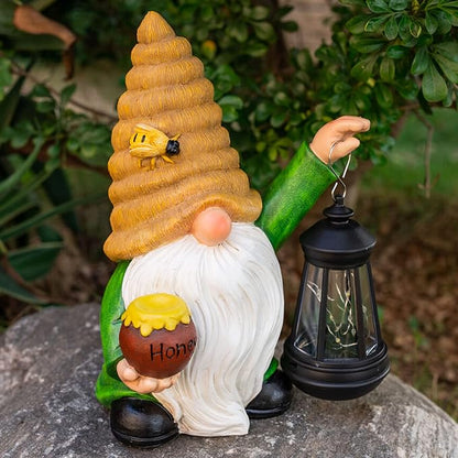12.3'' Solar Garden Gnomes Outdoor Decor Honey Bee jar Gnome Statues with LED Lantern Spring Patio Lawn Yard Art Decoration Easter Birthday Christmas Gardening Gifts for Mom Dad, Bee Gnome