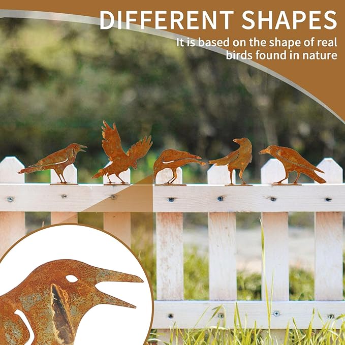 Geila 5PCS Rusty Birds Decoration, Fence Decorations Outdoor, Metal Birds Yard Decor Perfect Yard Art and Large Outdoor Ornaments (C)