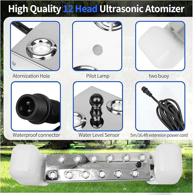 Ultrasonic Mist Maker 12 Head Mist Maker Fogger 9000ml/H Ultrasonic Mister Fogger 400W Atomizer Pond Fogger IP67 Waterproof Fog Mist Machine with Float for Garden Rockery Halloween Decor (12 Heads)