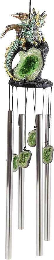Ebros Gift Medieval Green Dragon Guarding Emerald Crystal Geode Rock Figurine Crown Top Resonant Wind Chime with Miniature Geode Rocks Ornaments for Garden Patio Home Fantasy Dungeons and Dragons