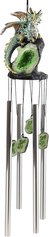 Ebros Gift Medieval Green Dragon Guarding Emerald Crystal Geode Rock Figurine Crown Top Resonant Wind Chime with Miniature Geode Rocks Ornaments for Garden Patio Home Fantasy Dungeons and Dragons