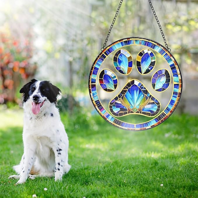 Dog Cat Paw Print Suncatcher Stained Glass Window Hanging - Handmade Dog Paw Suncatchers for Windows Hanging - Sun Catchers Indoor Wall Decor Glass Panel Memorial Catcher Remembrance Birthday Gift