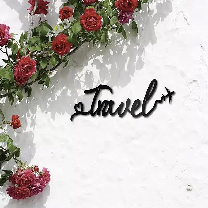 CREATCABIN Travel Metal Wall Art Decor Black Wall Silhouette Hanging Decor Iron Wire Art Word Sculpture Decoration Sign Cutout Minimalist Airplane Ornament for Traveler Farmhouse Gift 5 x 12Inch