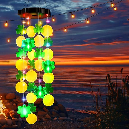 Shamrock Shell Solar Wind Chimes Outdoor with Shamrock Clover Design 27.5 Inch LED Shell Gradient Lights Hanging Decor for Garden, Yard, Patio, Porch