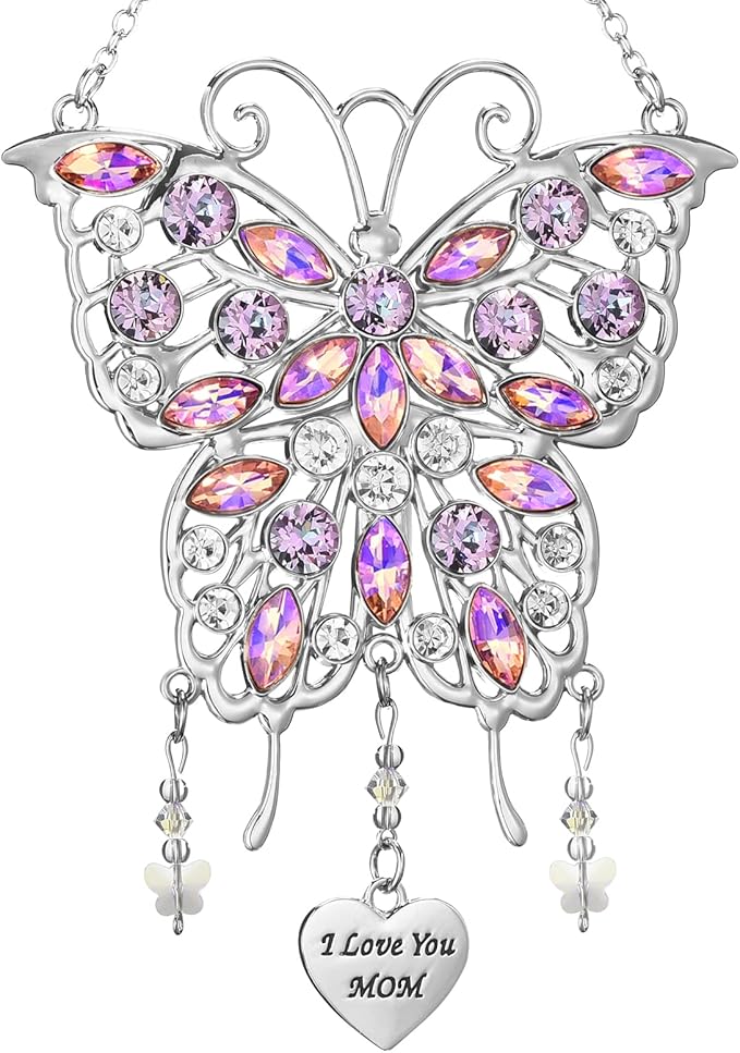 VIVIKEN Mother's Day Rhinestones Butterfly Window Decor Wind Chime Hanging Ornament for Garden House, Glittering Gifts from Son Daughter Mom Mothers Birthday Christmas