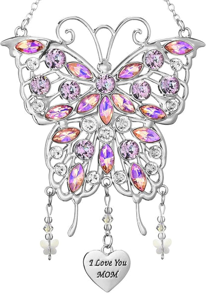 VIVIKEN Mother's Day Rhinestones Butterfly Window Decor Wind Chime Hanging Ornament for Garden House, Glittering Gifts from Son Daughter Mom Mothers Birthday Christmas