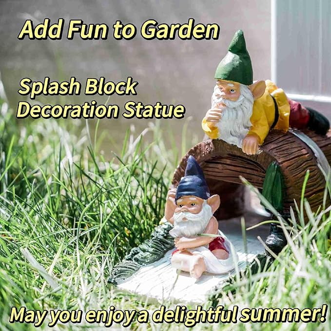 Decorative Downspout Extension, Cute Gnomes Gutter Diverter & Splash Block, Garden Statue Fits 3x4 Gutter Downspout, Prevents Mud & Puddles During the Spring, Garden Decoration for Summer.