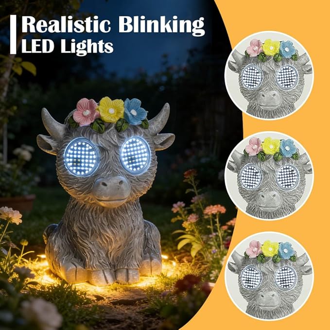 Outdoor Solar Garden Statue, Dynamic LED Light with Flower Sculpture, Art Decor for Patio Porch Lawn Backyard, Housewarming Gifts for Women (Stone Highland Cow)