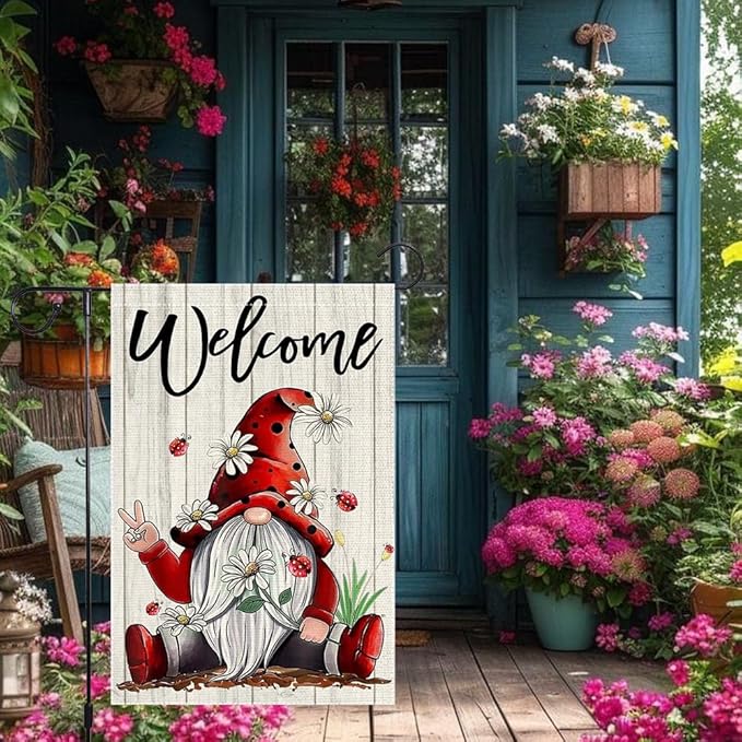Welcome Garden Flag 12x18 Inch Double Sided with Spring Gnome, Daisies, Ladybugs, and Wooden Fence for Outdoor Yard Decoration