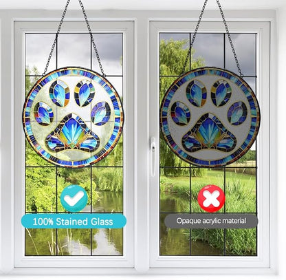 Paw Print Suncatcher Stained Glass Window Hanging - 8” Paw Print Stained Glass Suncatchers for Windows - Sun Catchers Indoor Wall Art Home Garden Decor Glass Panel - Dog Memorial Gifts for Mom Grandma