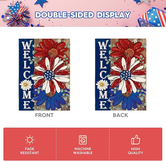 AVOIN colorlife Patriotic 4th of July House Flag 28x40 Inch Double Sided Outside, Floral Welcome Daisy Holiday Yard Outdoor Decoration