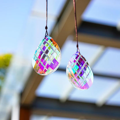 HDCRYSTALGIFTS Set 2 Crystal Sun Catcher Prisms Pendant for Window Hanging Decor,3inch AB Colored Crystal Suncatchers Rainbow Maker Light Catcher for Home Indoor Garden Christmas Tree Ornament
