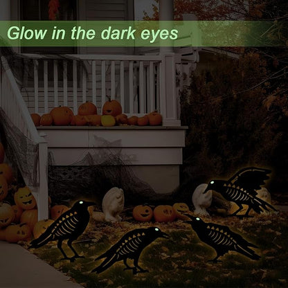 Halloween Decorations Outdoor,Metal 4 Pack Black Crow Garden Stake - Spooky Glow in The Dark Raven Silhouette Crows Halloween Decorations