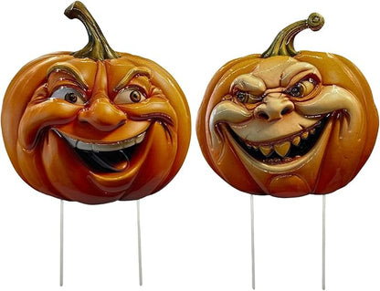 Clovers Garden Metal Halloween Pumpkin Yard Stakes (Set of 2) Smiling 3D Scary Vintage Look Lawn Signs - Duarable Weather Resistant