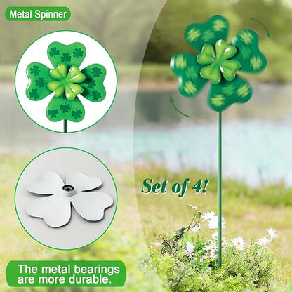 Wind Spinners Outdoor,4 Pack Shamrock Garden Stakes for Outside,Saint Patrick's Day Decorations,Metal Wind Spinner Yard Art for Patio,Lawn