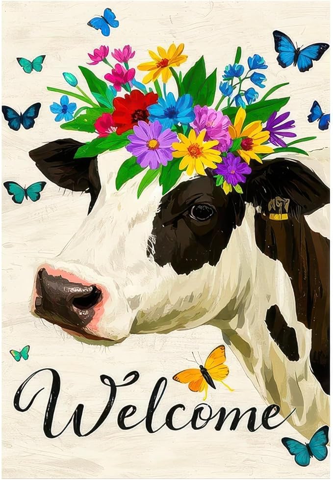 BlissYard Welcome Spring Garden Flag Double Sided 12x18 Inch Cute Cow Seasonal Welcome Small Flags For Outside Outdoor Decor Yard Farmhouse Holiday Spring Summer Decorations Yard Flags