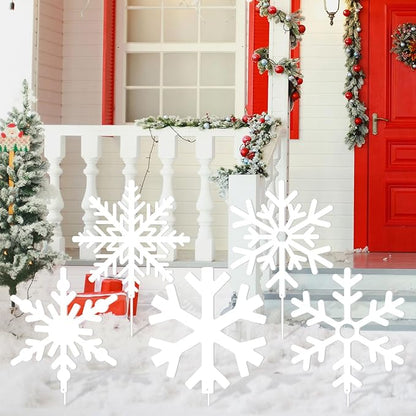 5 Pcs Winter Snowflake Yard Signs Metal Snowflake Yard Stakes White Winter Wonderland Decorations Decorative Christmas Lawn Signs for Indoor Outdoor Garden Lawn Holiday Party Decor