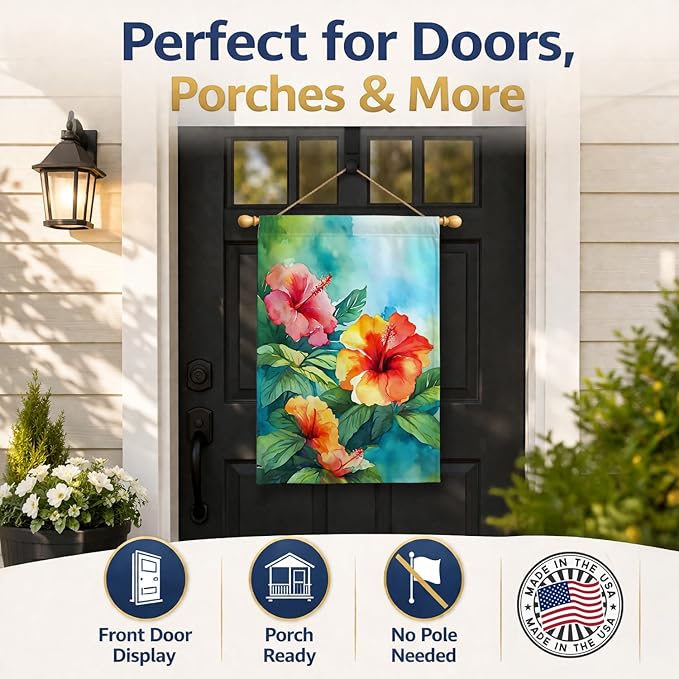 Caroline's Treasures Hawaii Hawaiian Hibiscus in Watercolor House Flag Large Porch Sleeve Pole Decorative Outside Yard Banner Artwork Wall Hanging, Polyester, House Size, Multicolor