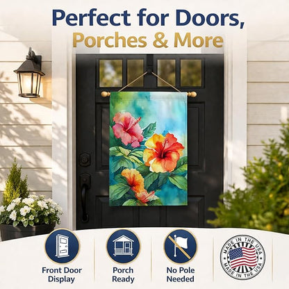 Caroline's Treasures Hawaii Hawaiian Hibiscus in Watercolor House Flag Large Porch Sleeve Pole Decorative Outside Yard Banner Artwork Wall Hanging, Polyester, House Size, Multicolor