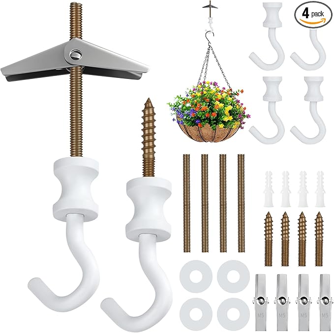 4 Pack White Ceiling Hooks for Hanging Plants, Swag Plant Hooks for Ceiling Heavy Duty, Indoor Outdoor, Metal Hangers for Hanging Baskets, Wind Chimes, Bird Feeders, Lights, Wall Decoration